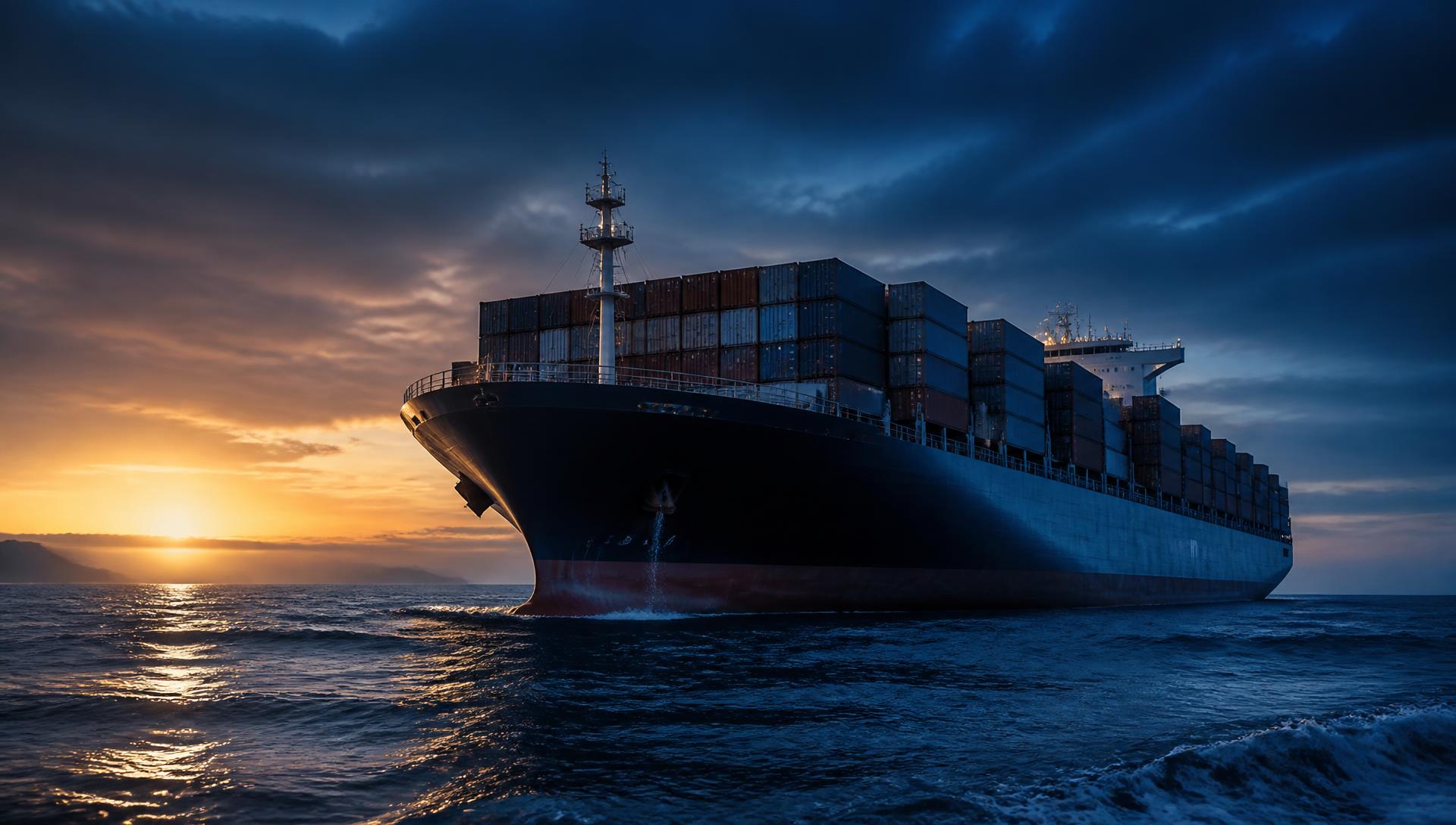 Container ship being loaded at a port at dusk